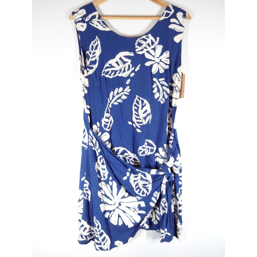 VTG Pineapple Moon Hawaiian Dress Women Medium Blue Floral Tropical Sarong 90s